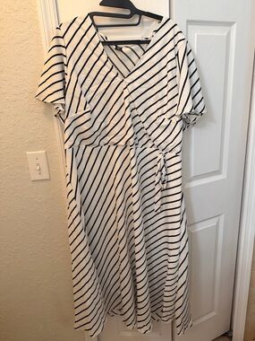 SHEIN Curve Striped Faux Wrap Midi Dress in White and Black